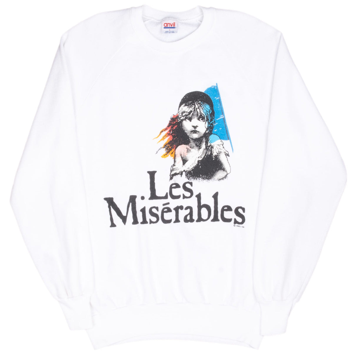 Full front view of white Les Misérables sweatshirt with black and multicolor print