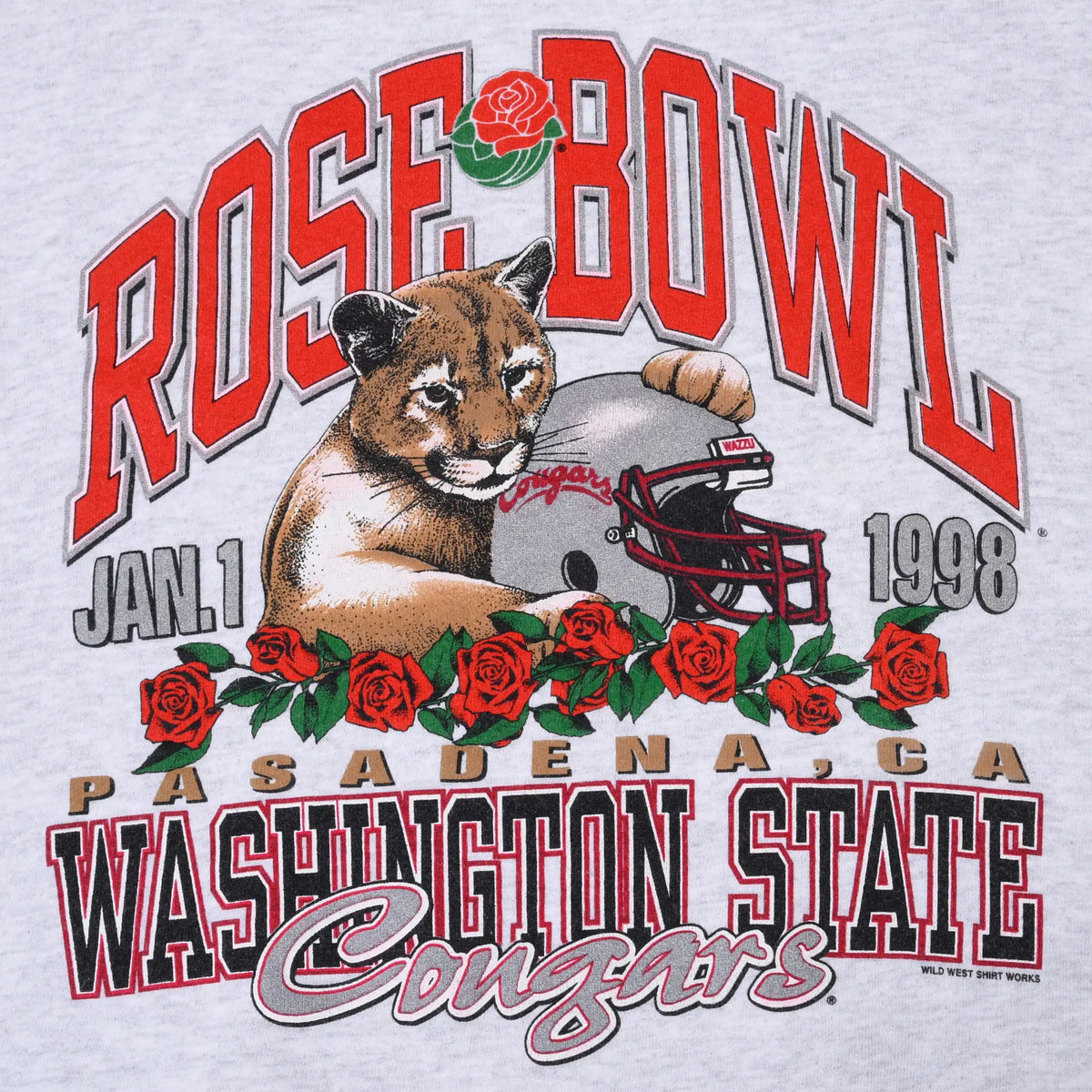 Close-up of Washington State Cougars 1998 Rose Bowl graphic with cougar, helmet, and red roses