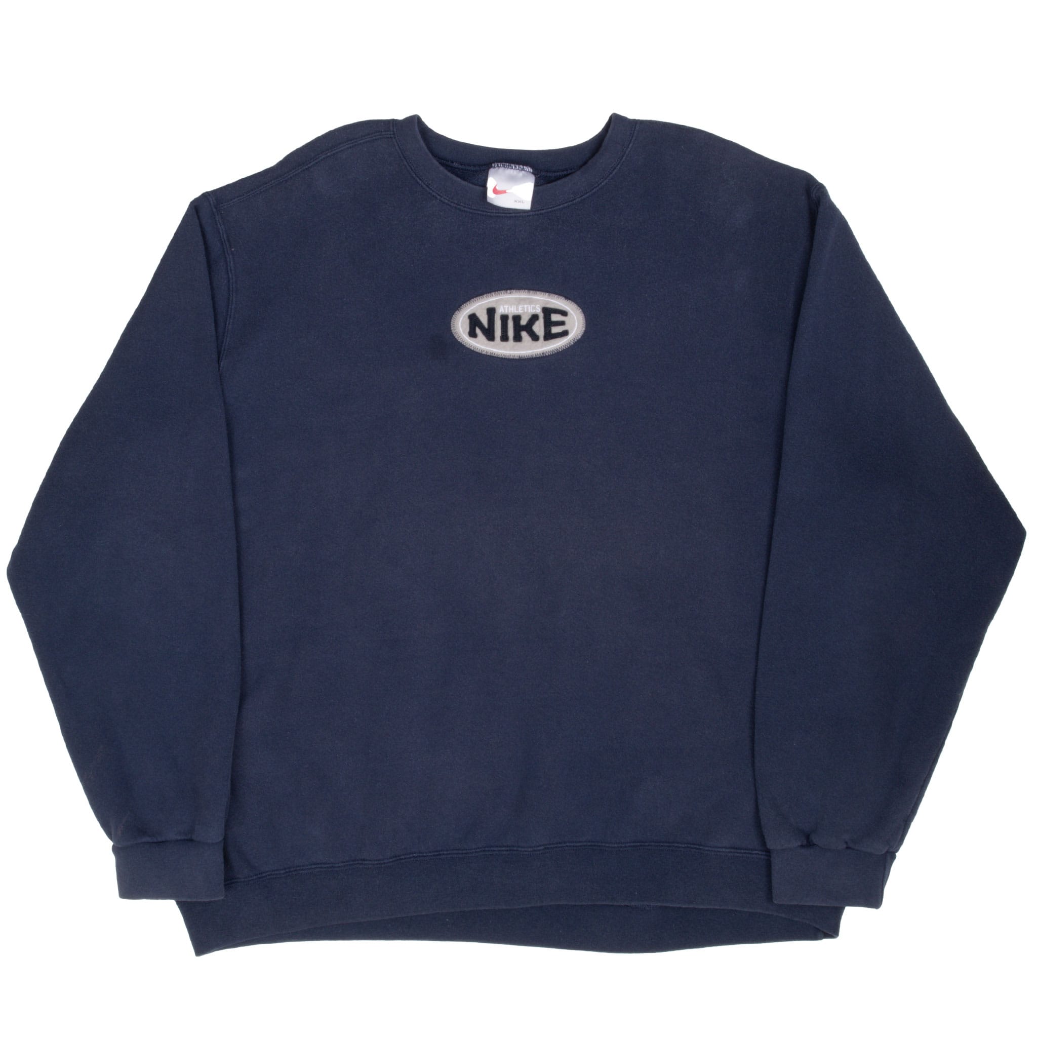 Full front view of blue Nike crewneck sweatshirt with ribbed cuffs and hem