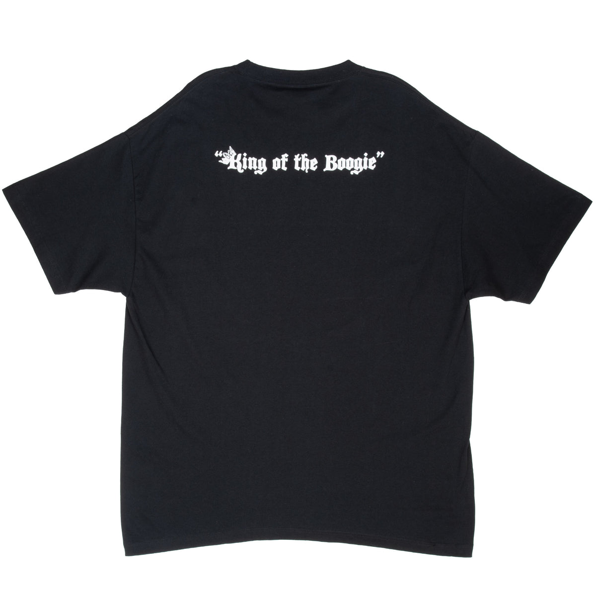 Back of black John Lee Hooker T-shirt with white King of the Boogie print