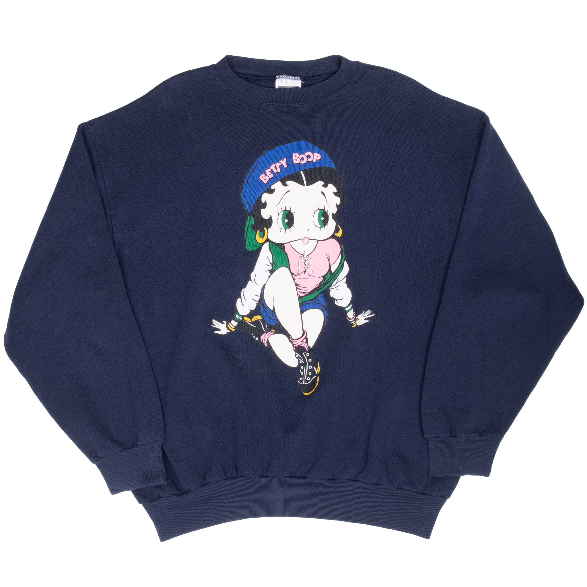 Full front view of navy blue Betty Boop sweatshirt with long sleeves and ribbed trim