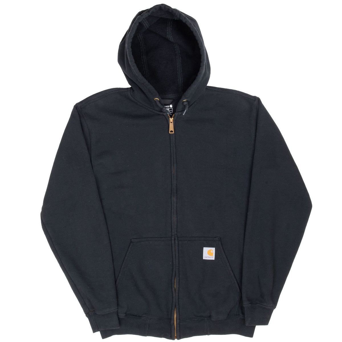 Full front view of black Carhartt zip hoodie with brass-tone zipper and ribbed trim