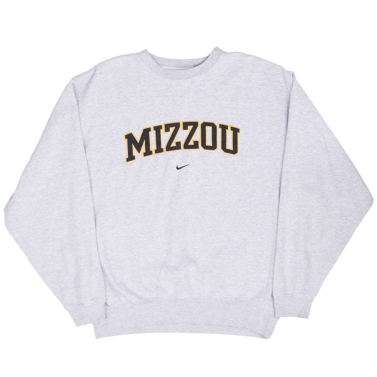 Full front view of grey Nike Missouri Mizzou crewneck sweatshirt