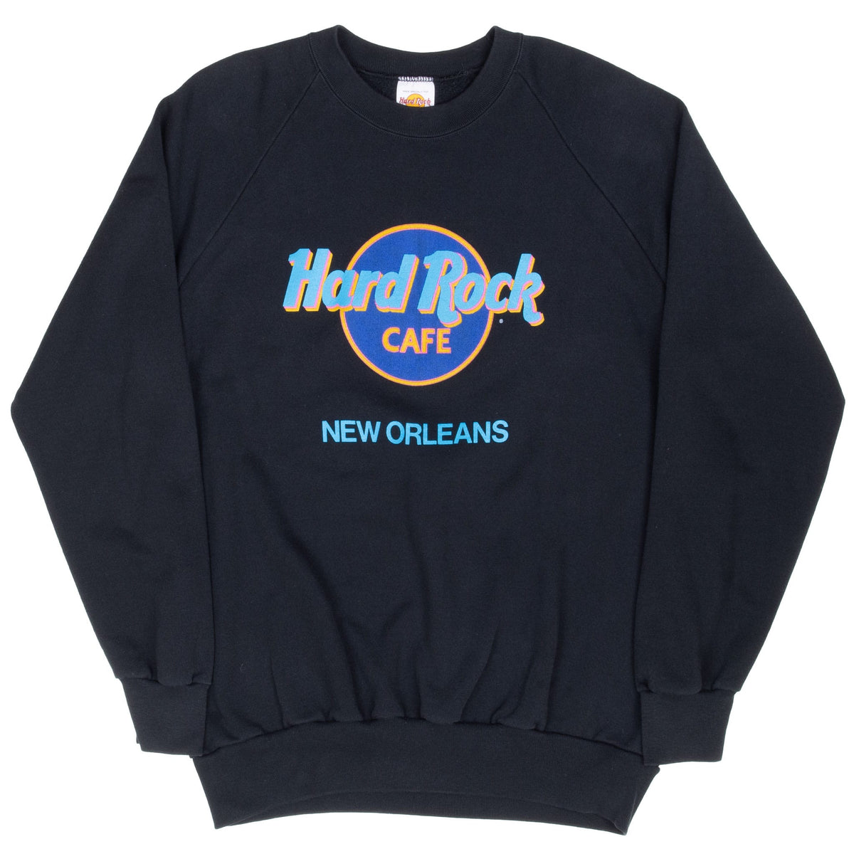 Full front view of black Hard Rock Cafe New Orleans sweatshirt with raglan sleeves