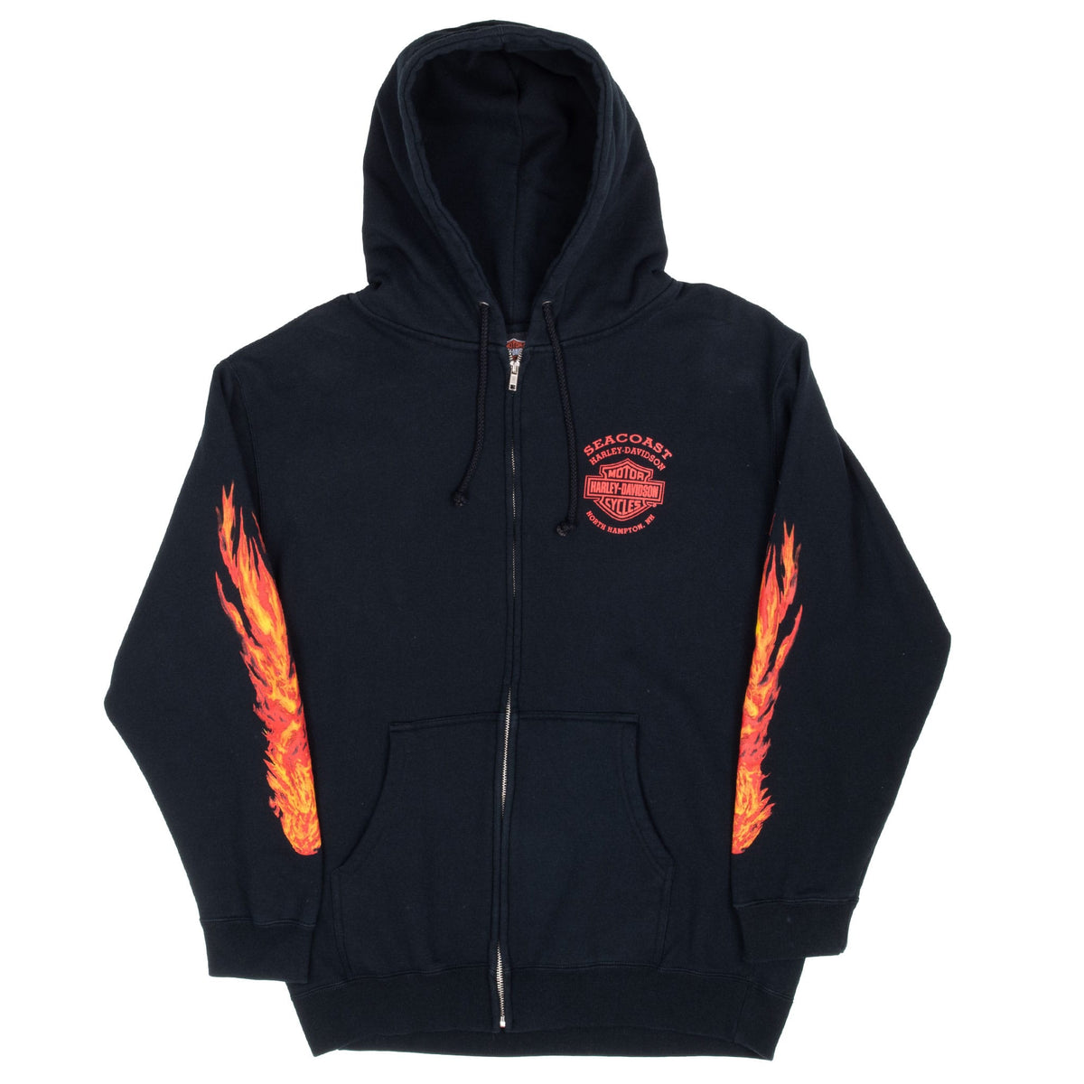 Full front of black Harley-Davidson zip hoodie with flame-print sleeves and split pouch pockets
