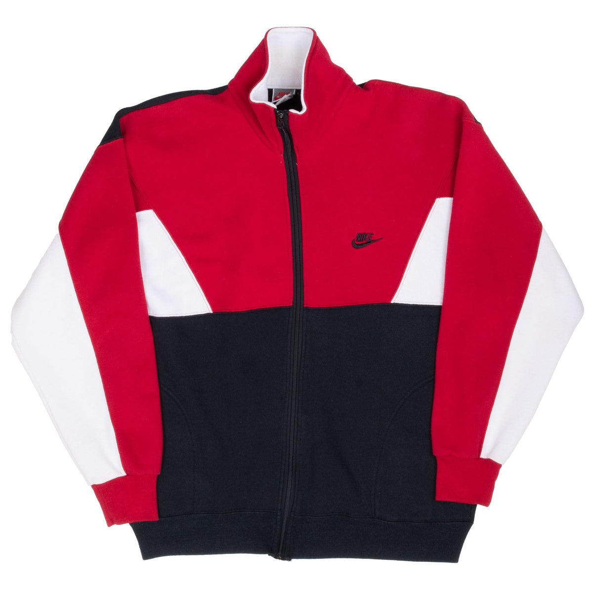 Full front view of red, black and white Nike color-block full-zip sweatshirt