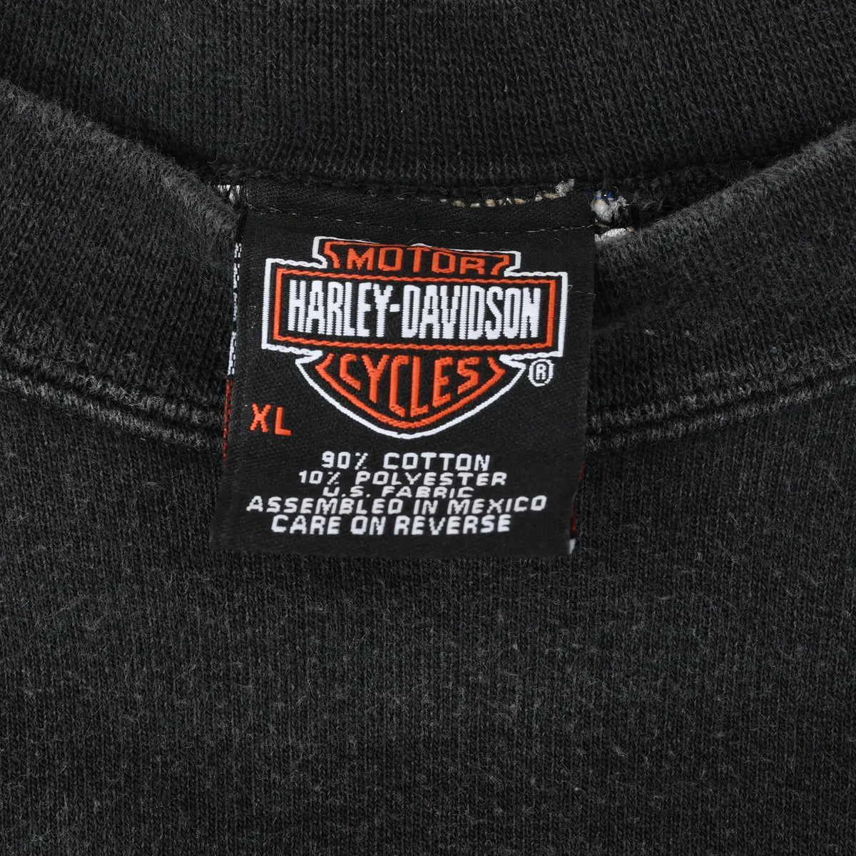 Harley-Davidson Motor Cycles neck label showing XL and fabric details