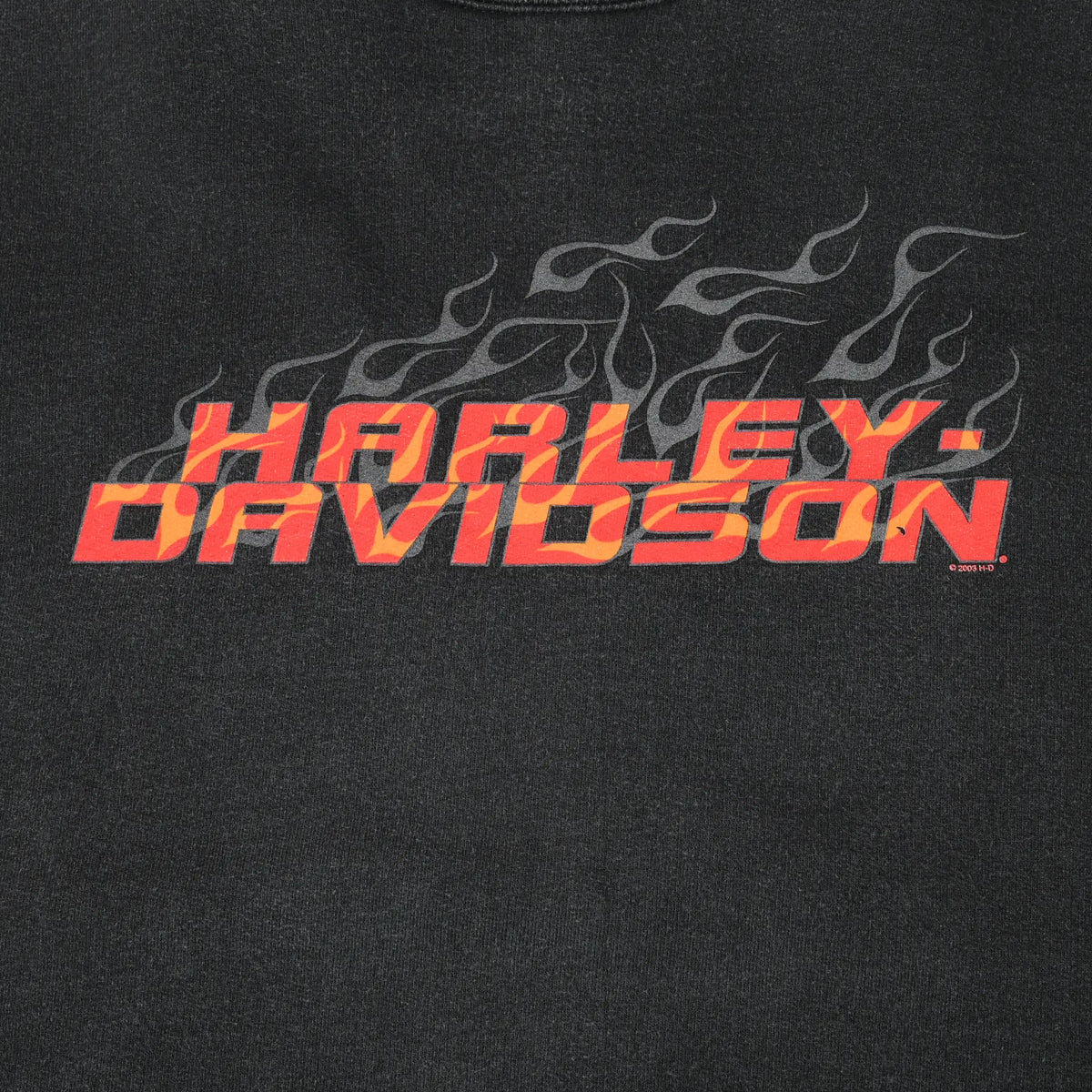 Close-up of red Harley-Davidson chest logo with orange accents and gray flames