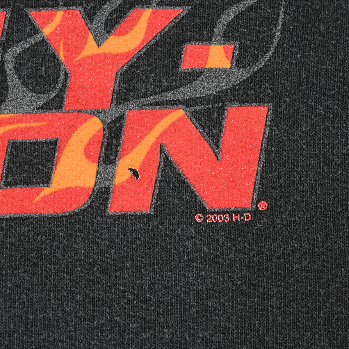 Close-up of Harley-Davidson logo print with orange flame accents and 2003 copyright mark