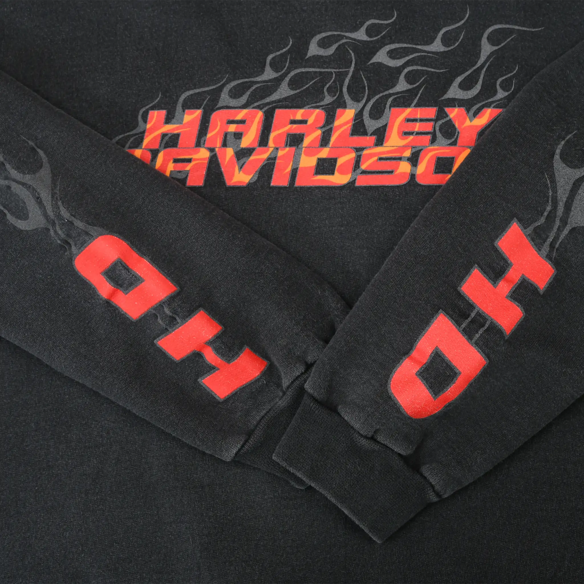 Crossed sleeves showing red H-D lettering, gray flames, and Harley-Davidson chest graphic