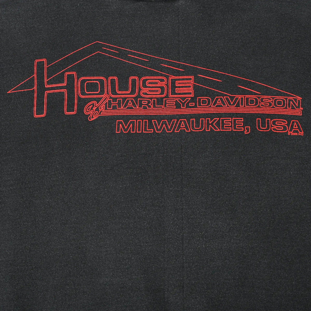 Close-up of red House of Harley-Davidson Milwaukee, USA back print