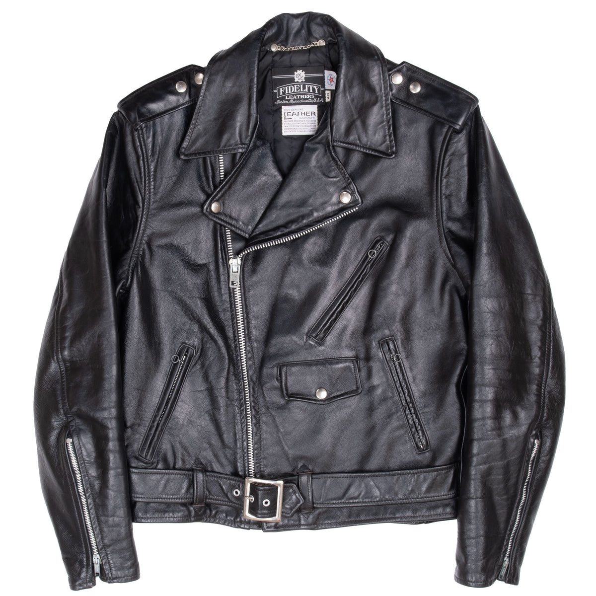 Front of black Fidelity Leathers motorcycle jacket with zip pockets and belted waist