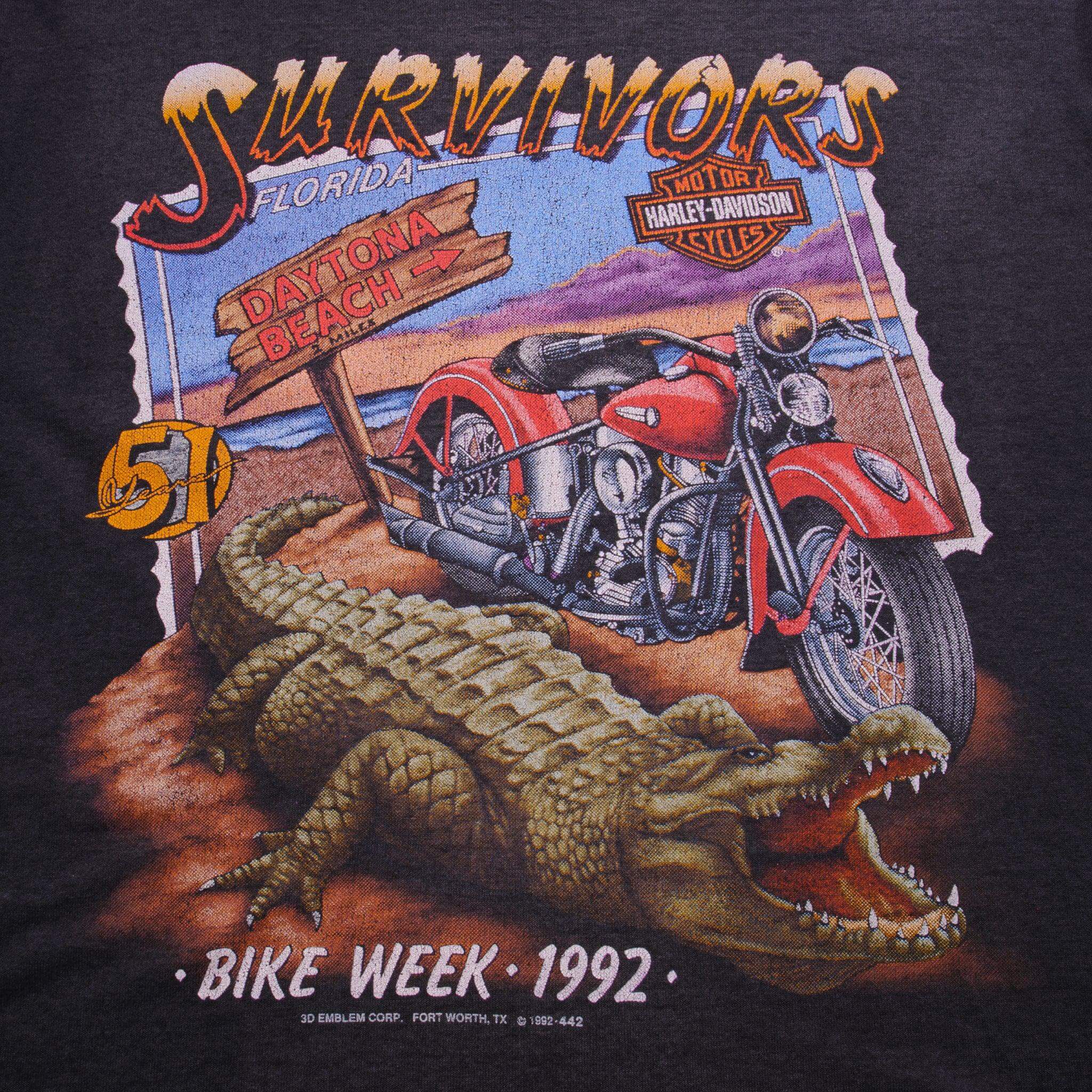 Vintage Harley Davidson Survivors Beach Week 1992 Tee Shirt Size Large With Single Stitch Sleeves.