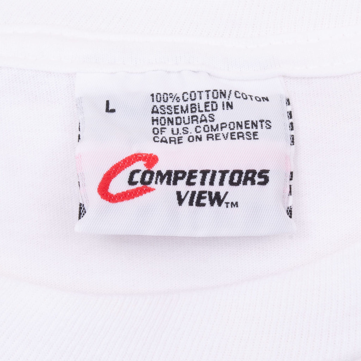 Competitors View neck tag showing size L and 100% cotton on white Tony Stewart T-shirt