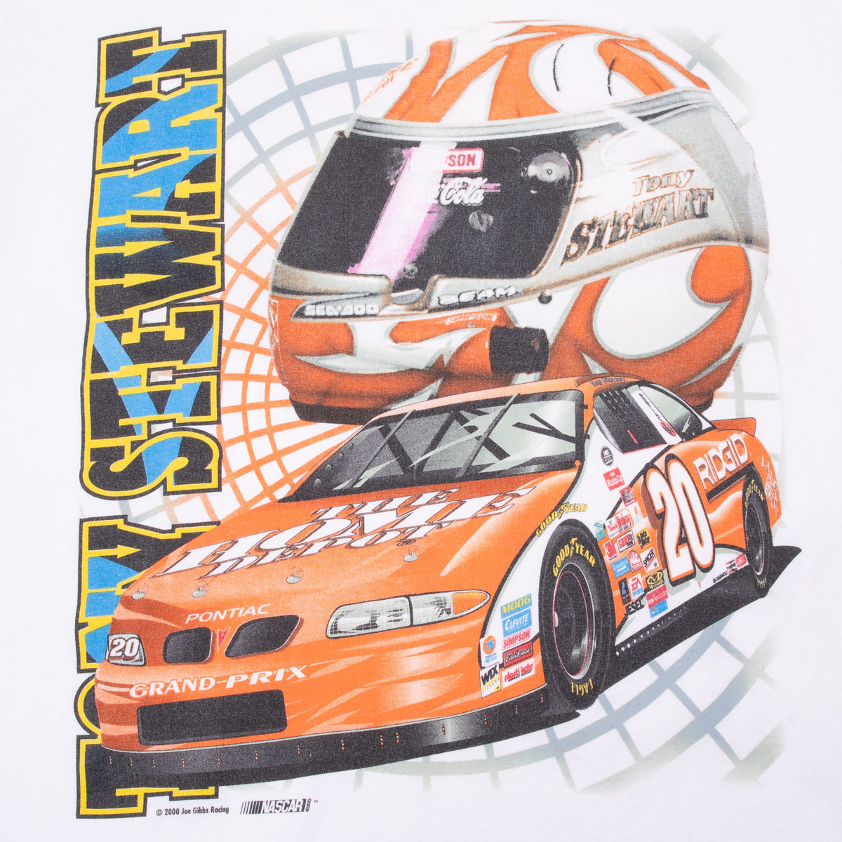 Close-up of Tony Stewart front graphic with helmet and orange No. 20 Home Depot Pontiac Grand Prix