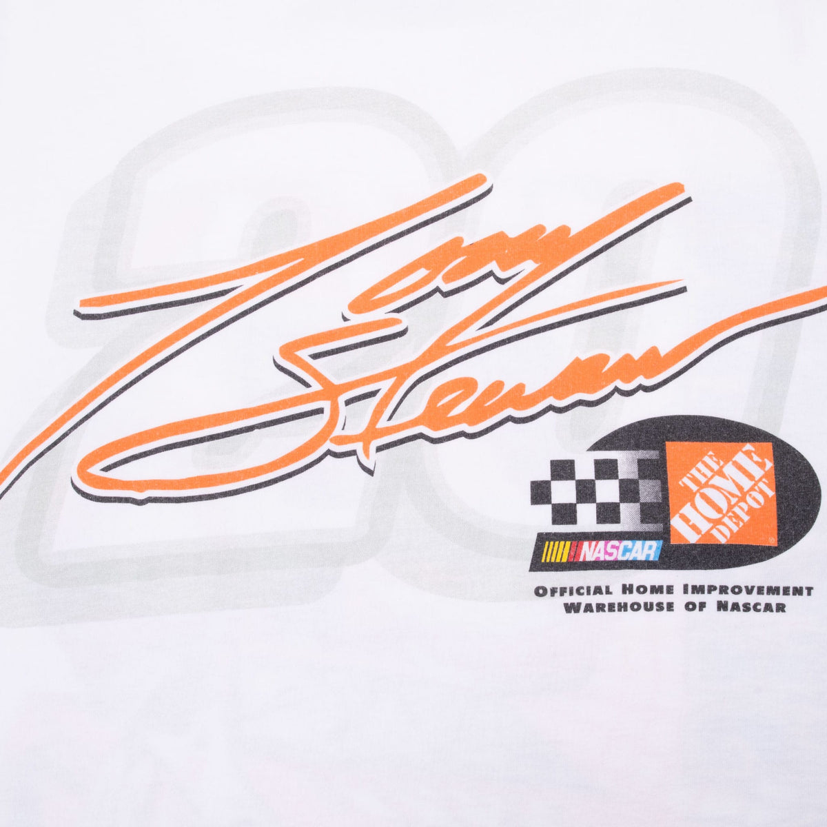 Close-up of back print with Tony Stewart signature, Home Depot and NASCAR logos