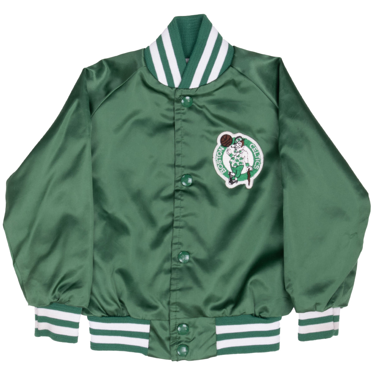 Full front view of green Boston Celtics kids bomber jacket with striped trim