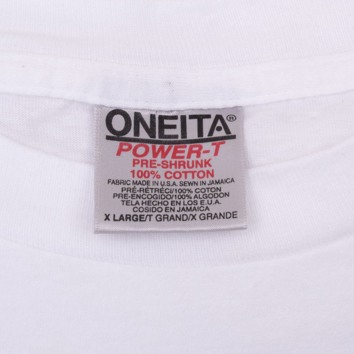 Oneita Power-T neck tag marked XL on white T-shirt