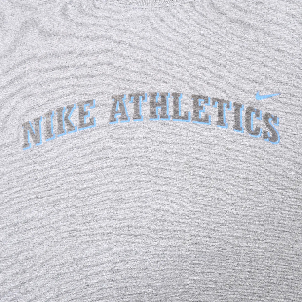 Close-up of blue Nike Athletics lettering and Swoosh on grey sweatshirt
