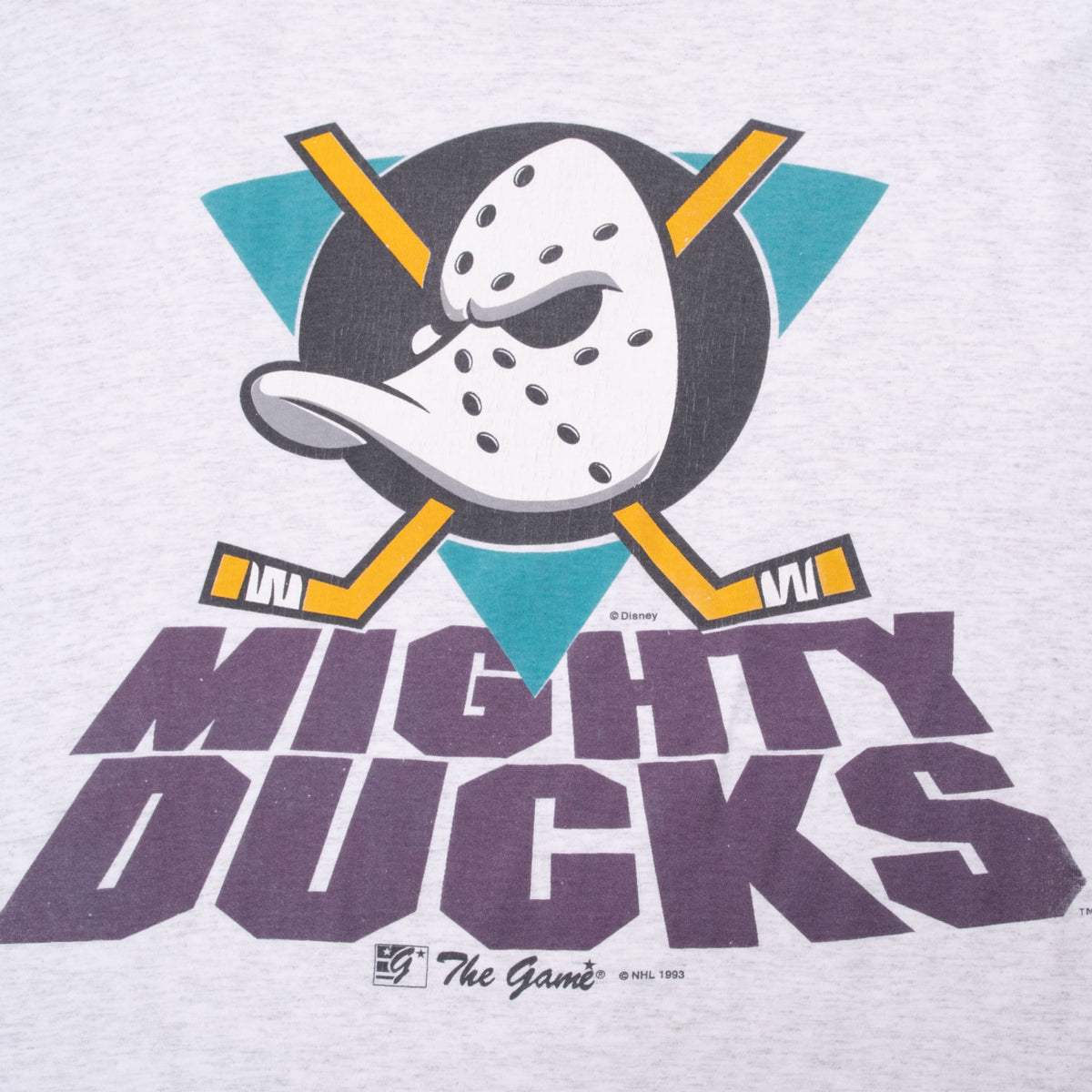 Mighty Ducks front print with goalie mask, crossed hockey sticks and purple lettering