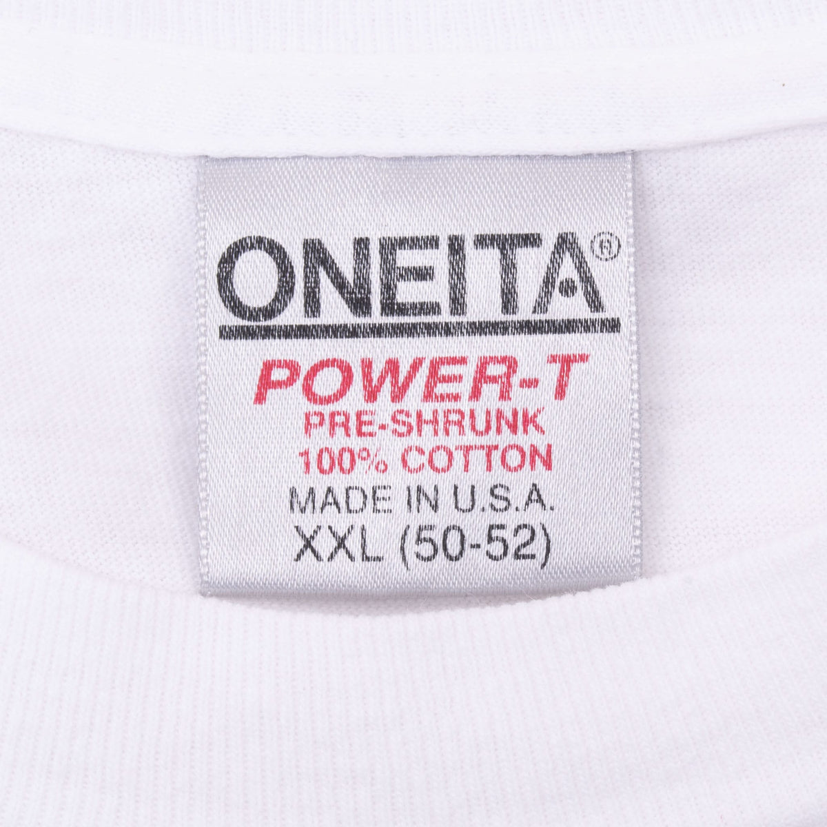Oneita Power-T neck tag marked pre-shrunk 100% cotton, made in USA and XXL