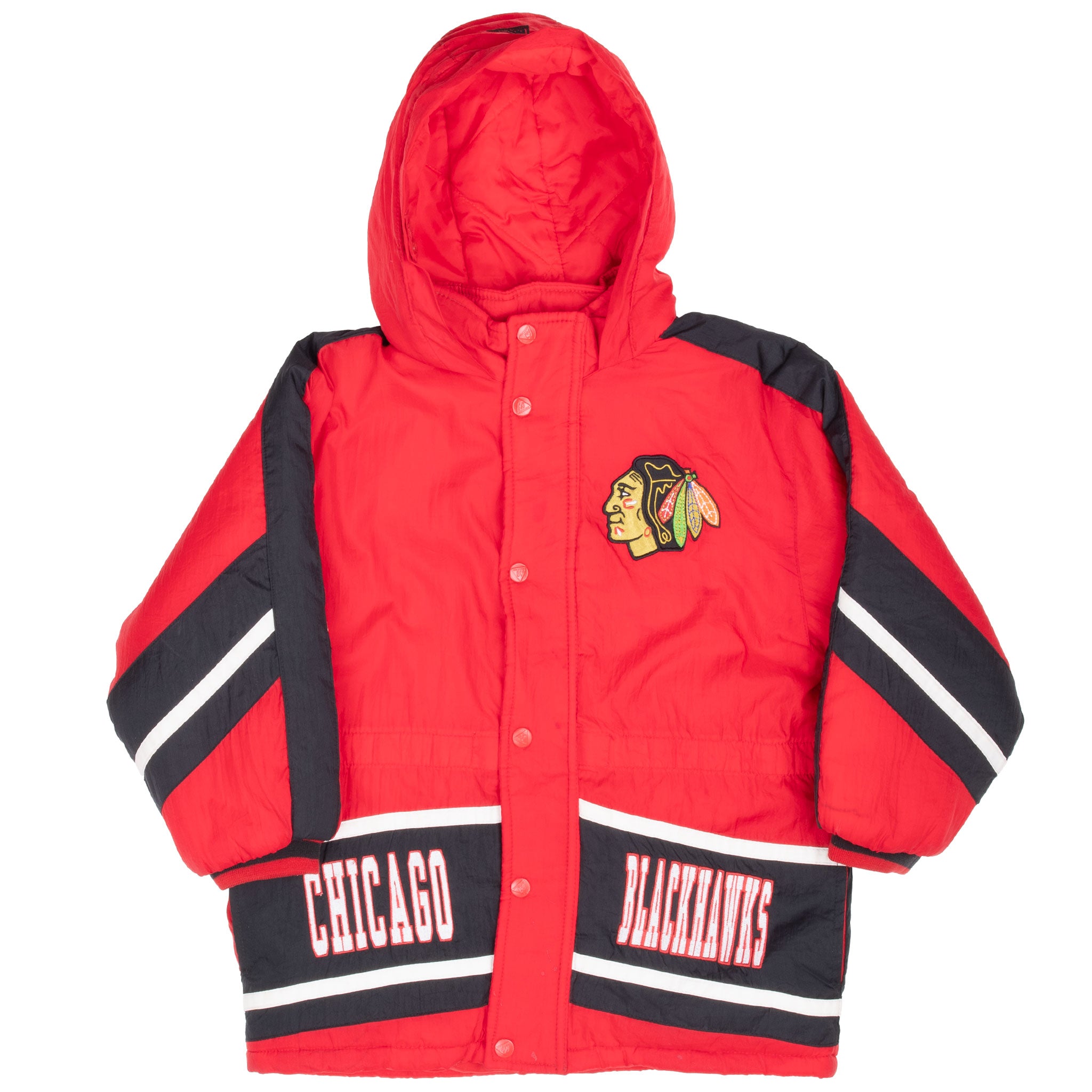 Chicago Blackhawks youth jacket front with hood, striped sleeves and snap closure