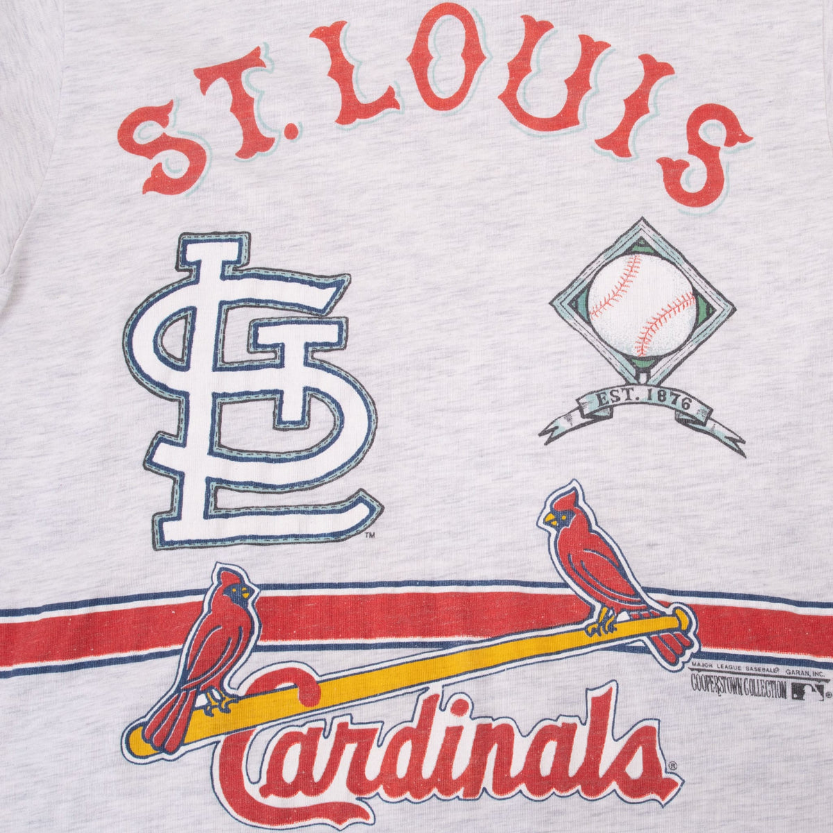 Front graphic detail with St. Louis lettering, STL logo, baseball, and Cardinals birds on bat