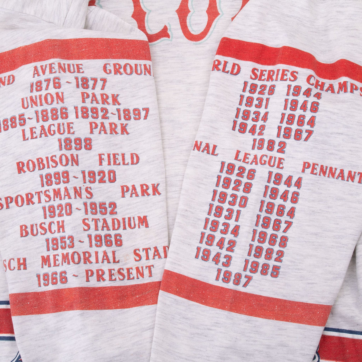 Sleeve print detail listing St. Louis Cardinals ballparks, championships, and pennants