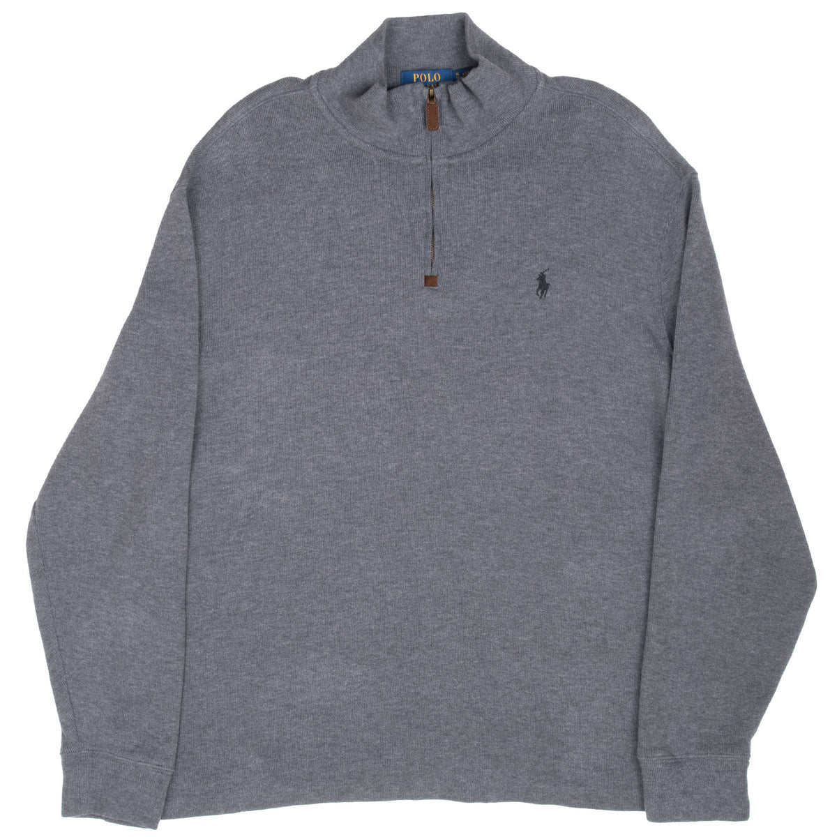 Full front view of Polo Ralph Lauren dark grey quarter-zip sweater