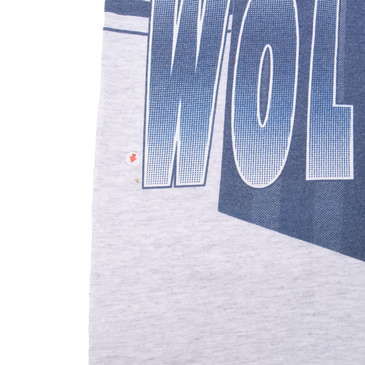 Close-up of small marked spot beside the blue Wolverines lettering on gray fabric