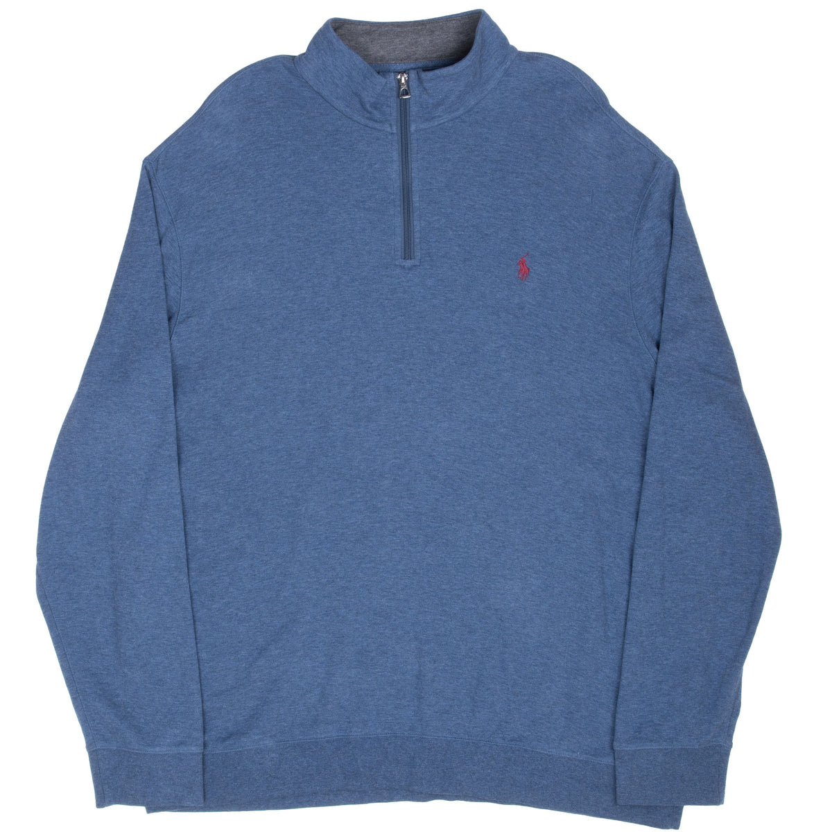 Full front view of blue Polo Ralph Lauren quarter-zip sweater