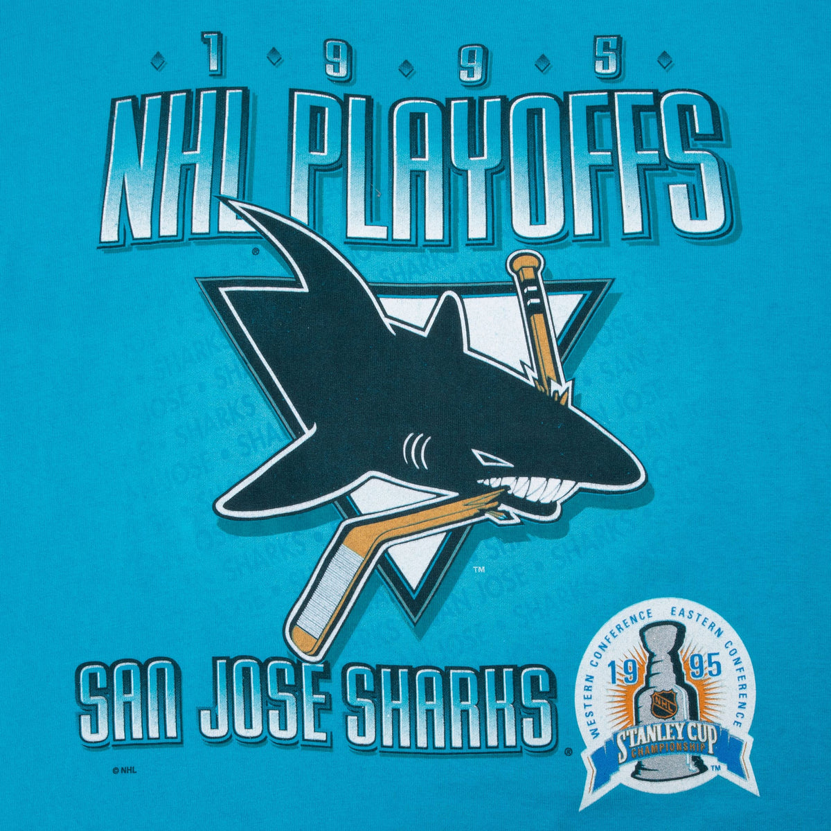 San Jose Sharks 1995 NHL Playoffs front graphic with shark logo and Stanley Cup emblem