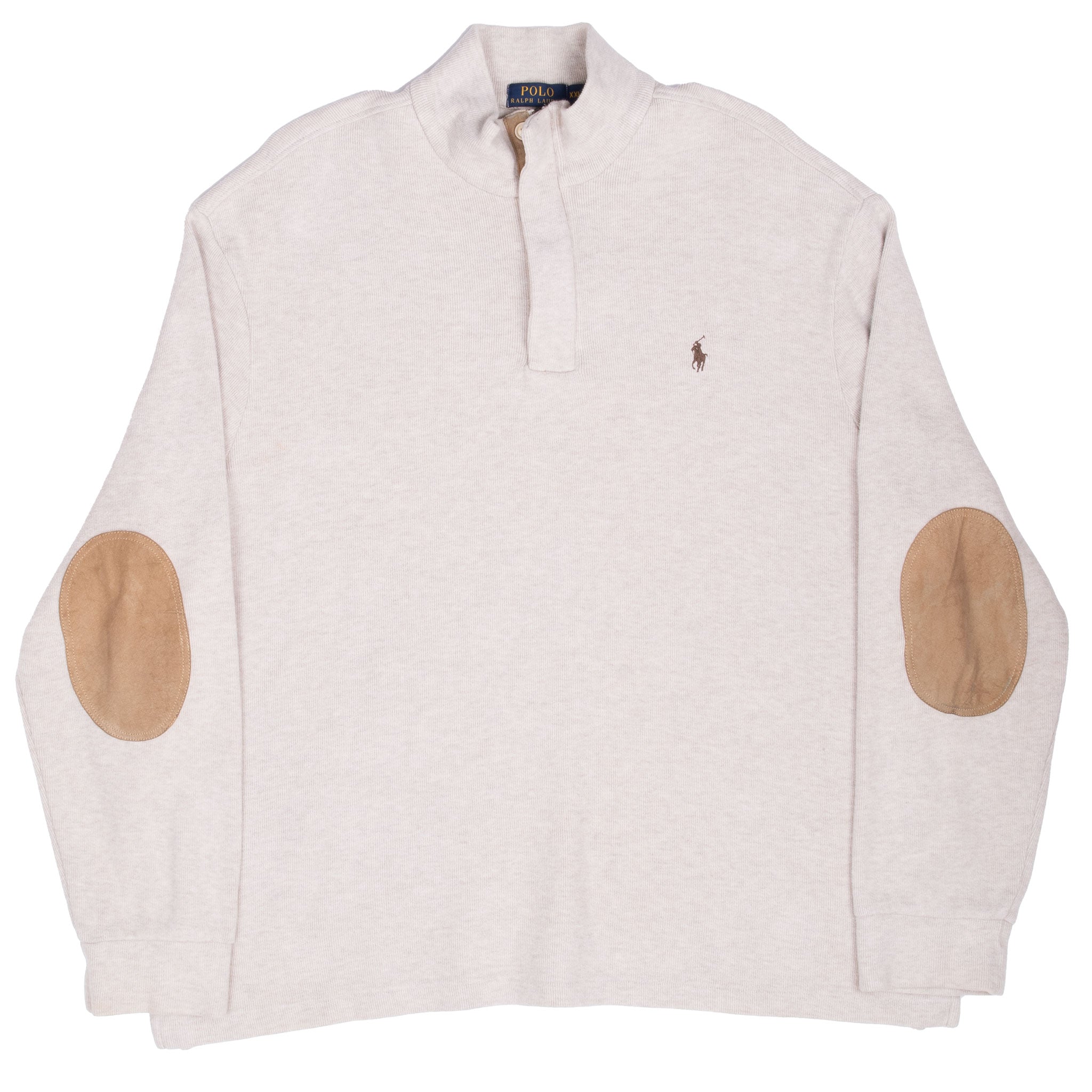 Full front of beige Polo Ralph Lauren quarter-zip sweater with embroidered pony logo
