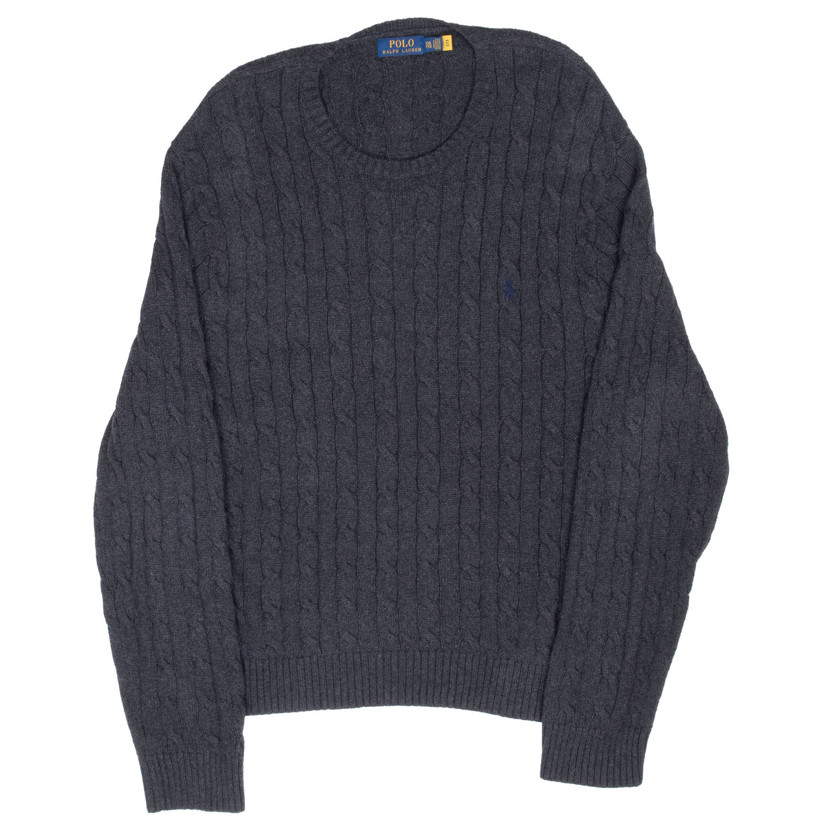 Full front view of dark grey Polo Ralph Lauren cable-knit crewneck sweater