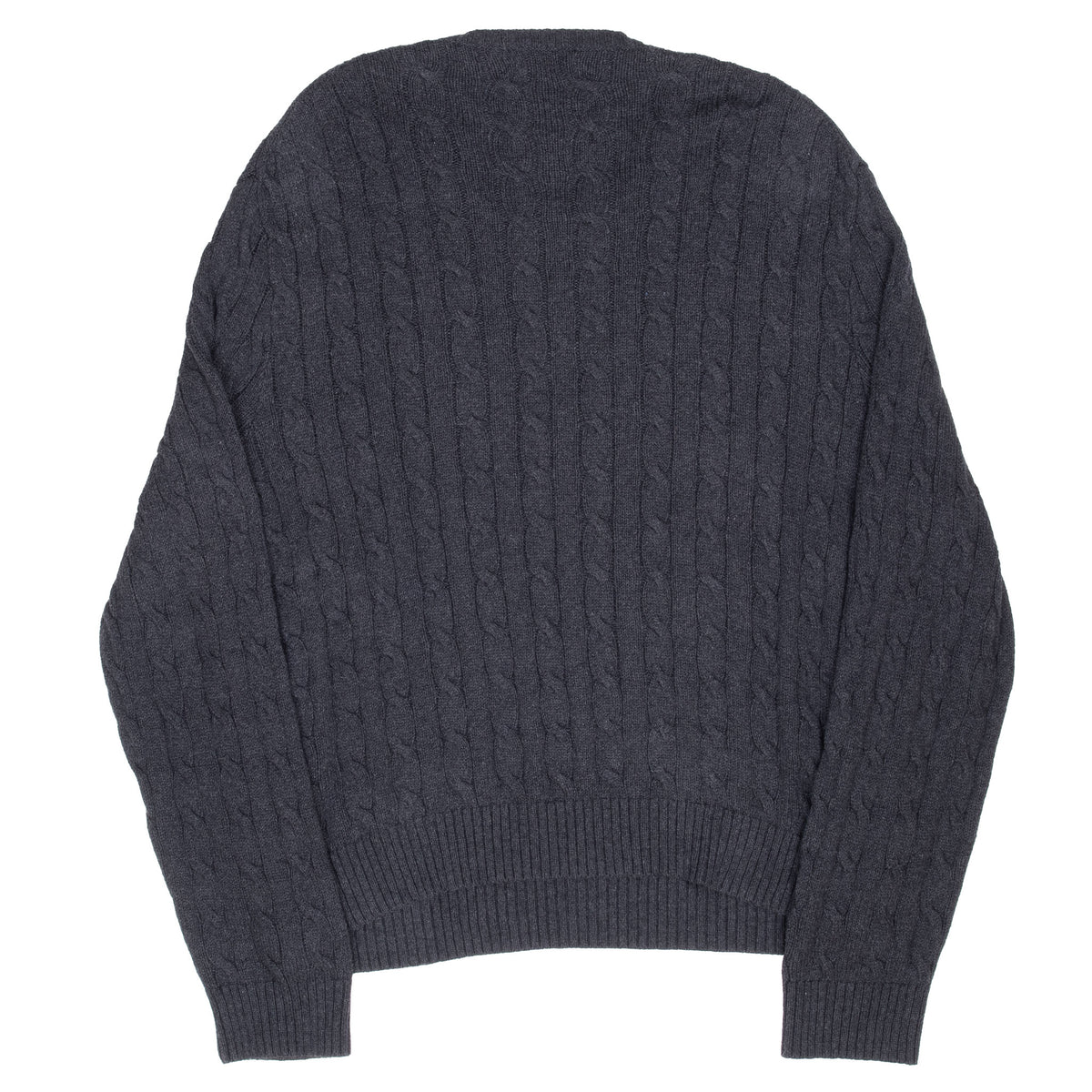Back of dark grey Polo Ralph Lauren cable-knit crewneck sweater