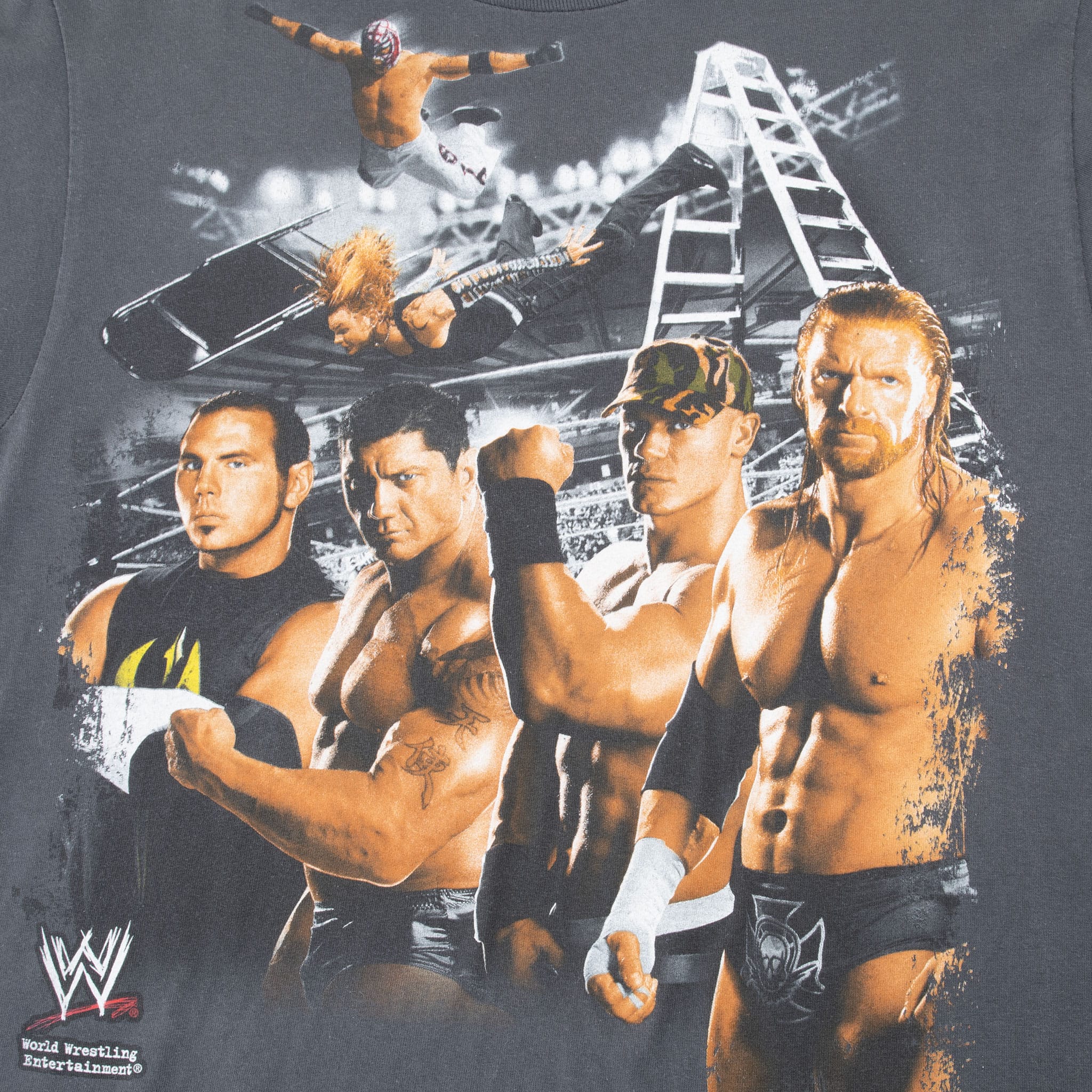 Close-up of WWE wrestler graphic with portraits, action scenes, ladders and WWE logo