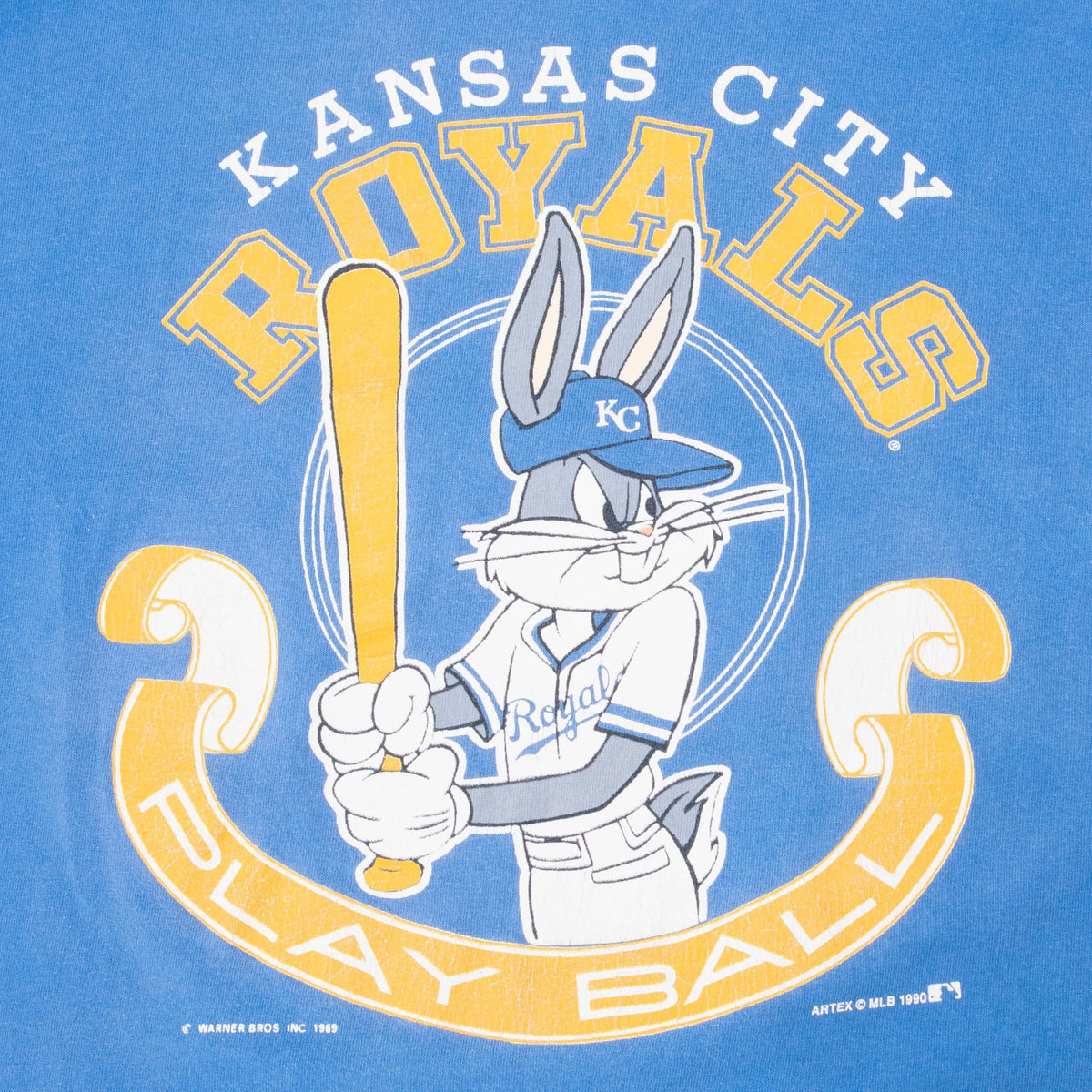 Large back print of Bugs Bunny in Royals gear with Kansas City Royals and Play Ball lettering