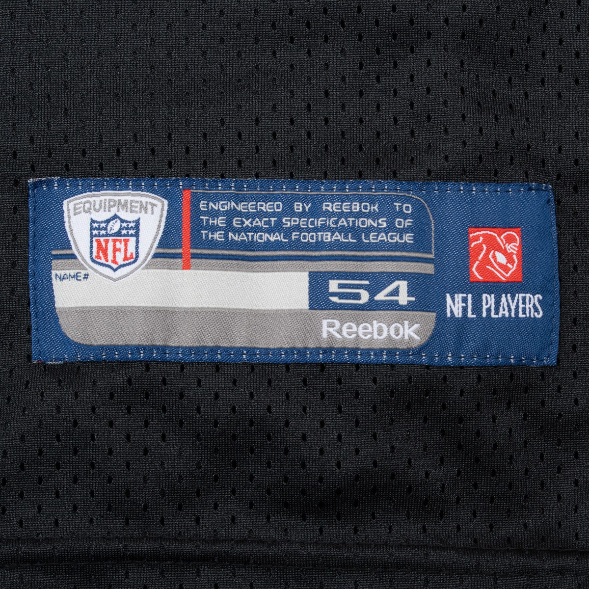 Reebok NFL Equipment size 54 patch on lower front of black jersey