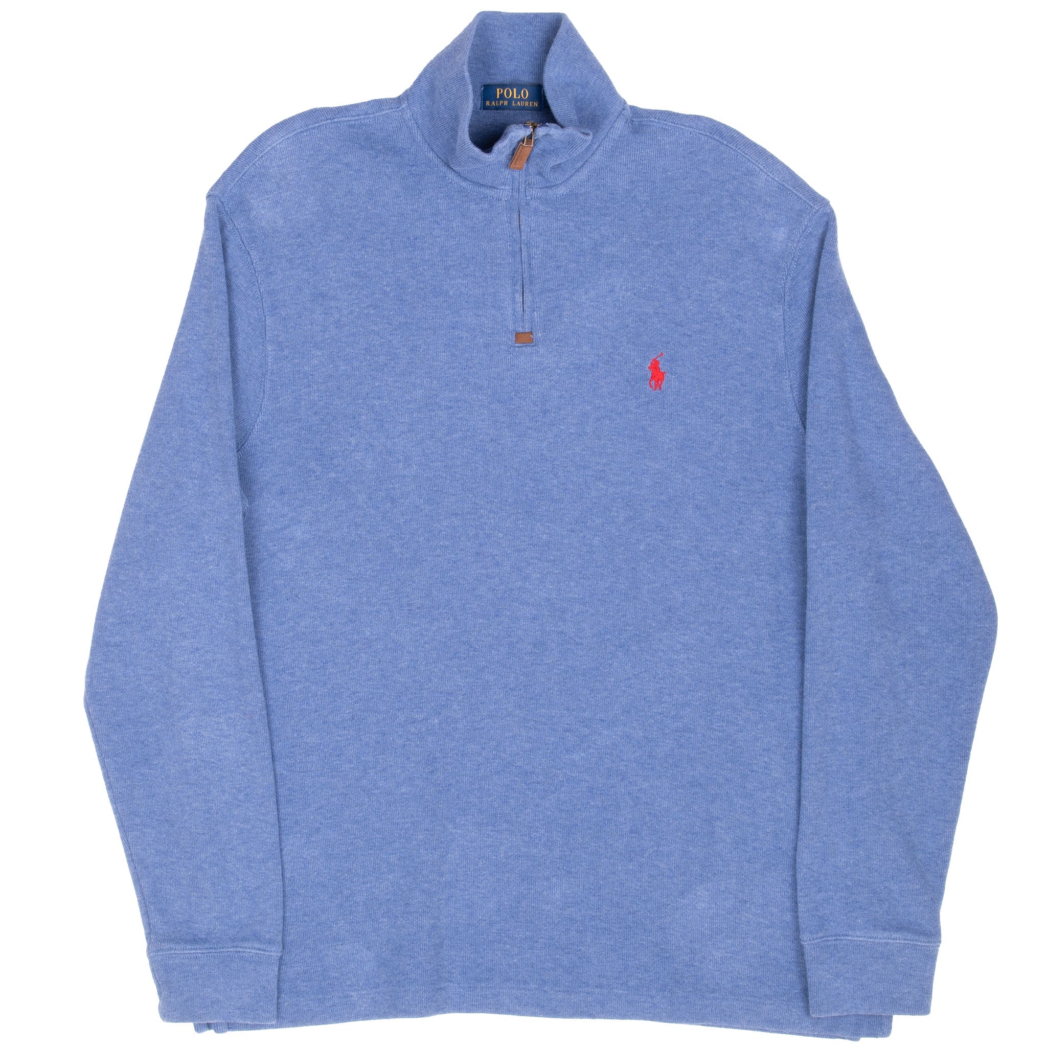 Full front view of blue Polo Ralph Lauren quarter-zip sweater