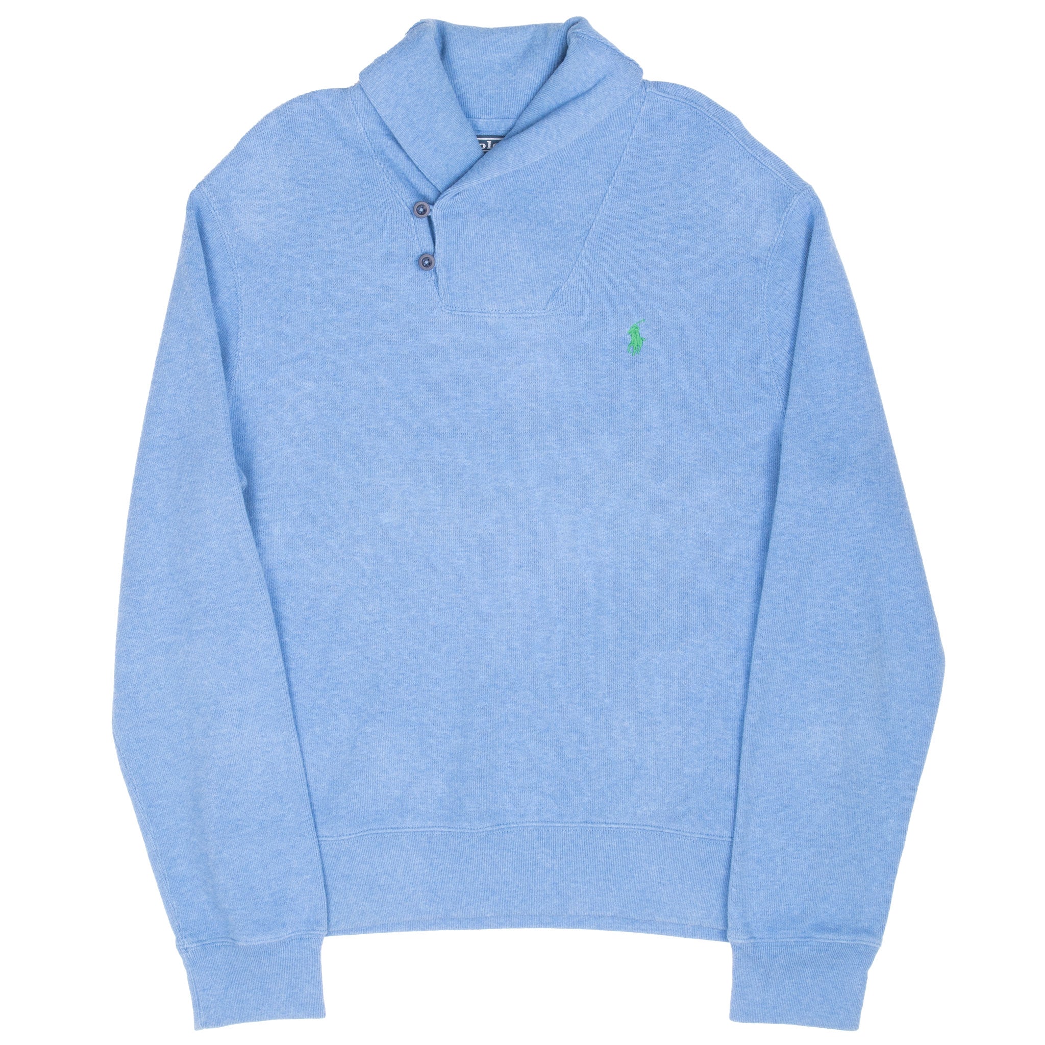 Full front view of blue Polo Ralph Lauren shawl collar sweater