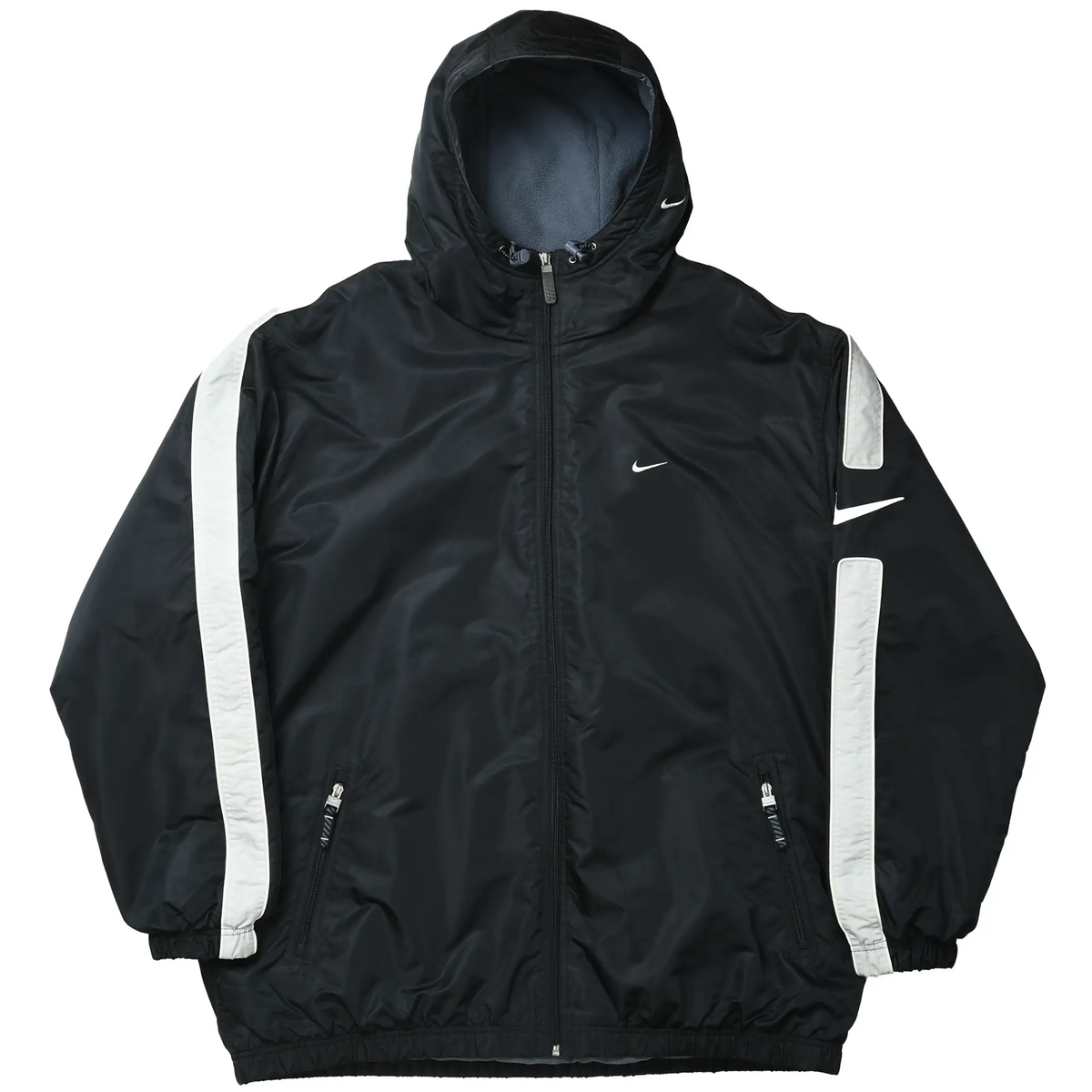 Front view of black Nike hooded jacket with white sleeve panels and Swoosh branding