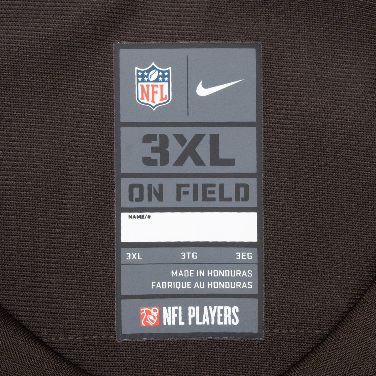 Interior Nike NFL On Field 3XL neck label on brown jersey