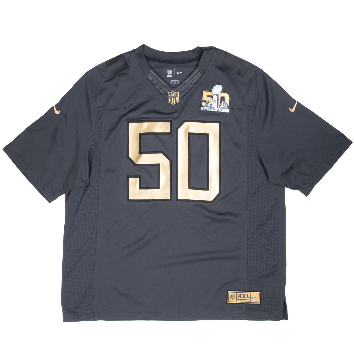 Full front of black Nike Super Bowl 50 jersey with gold 50 and chest logos