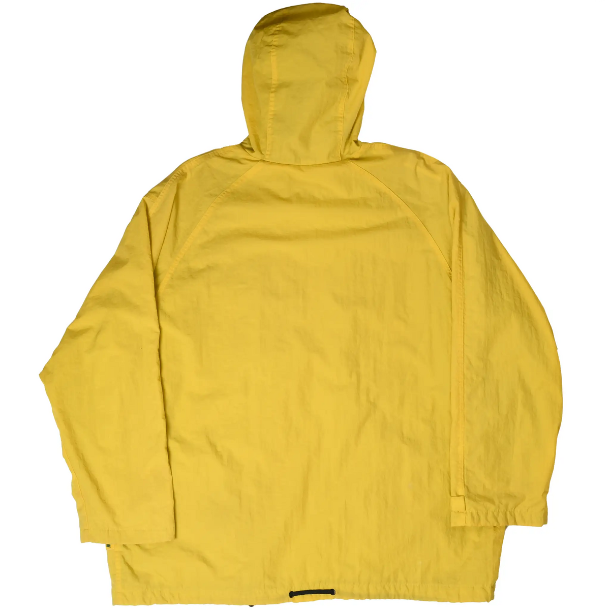 Back of yellow Nike hooded windbreaker showing plain hooded design and raglan seams