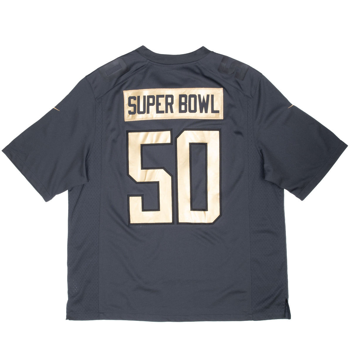 Back of black Nike jersey with gold Super Bowl nameplate and number 50