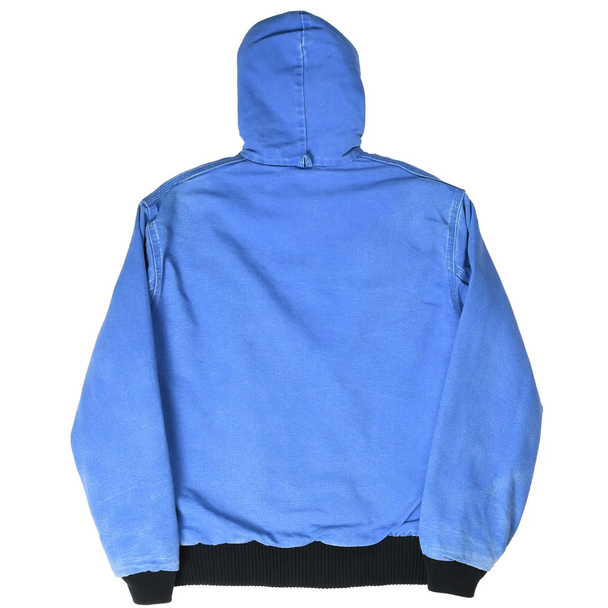 Back view of blue Carhartt hooded active jacket with black ribbed cuffs and waistband