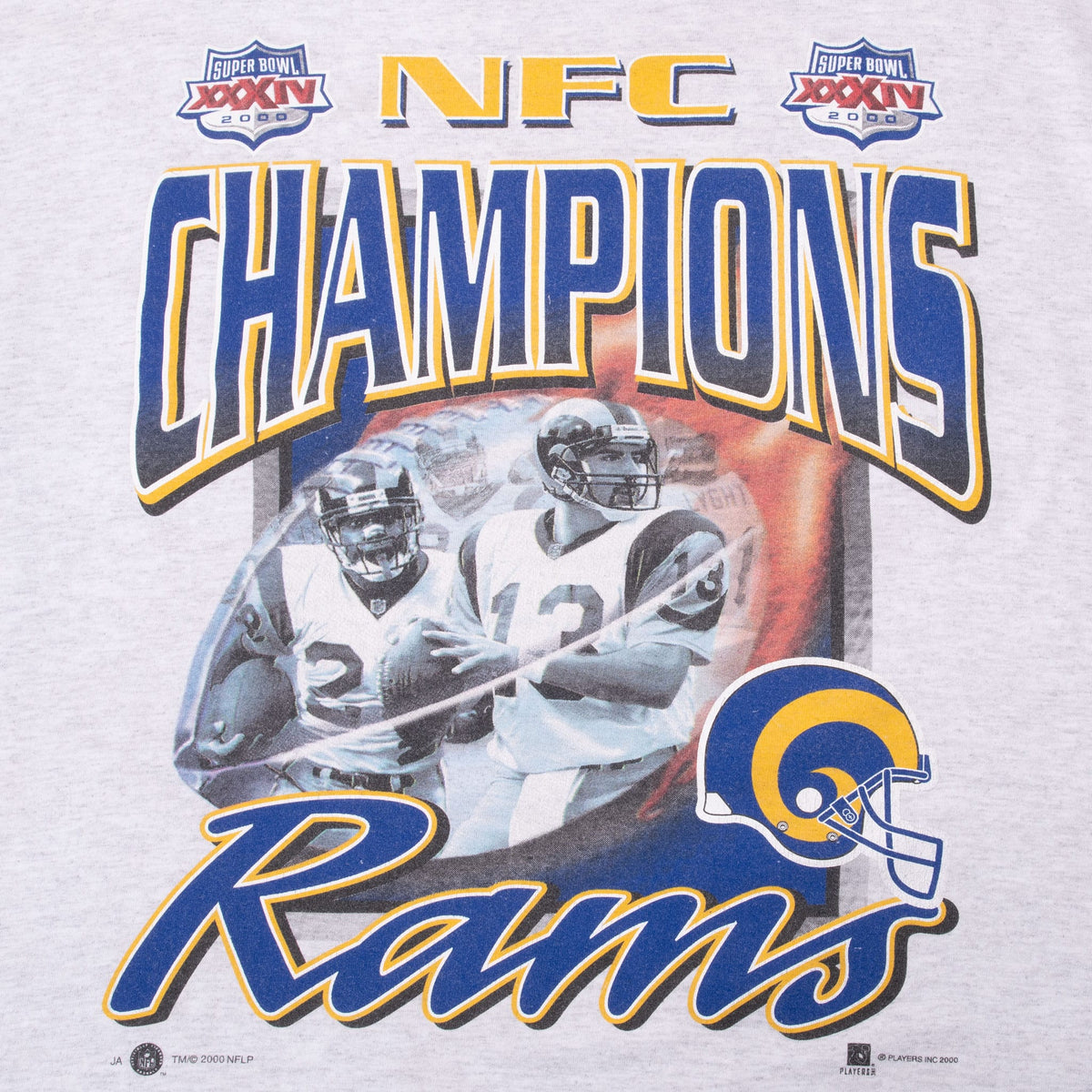 Close-up of St. Louis Rams NFC Champions graphic with players, helmet and Super Bowl XXXIV emblems