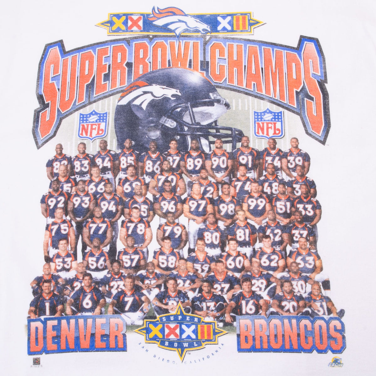 Denver Broncos Super Bowl XXXII champions front graphic with helmet, NFL shields, and team photo