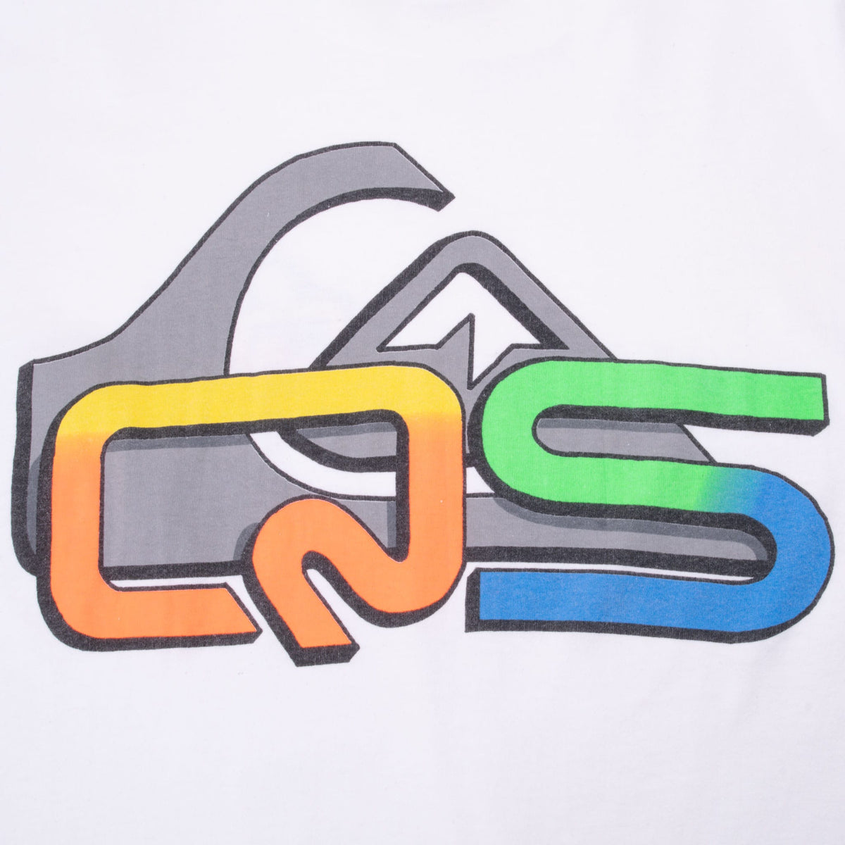 Close-up of oversized gray and multicolor Quiksilver back graphic