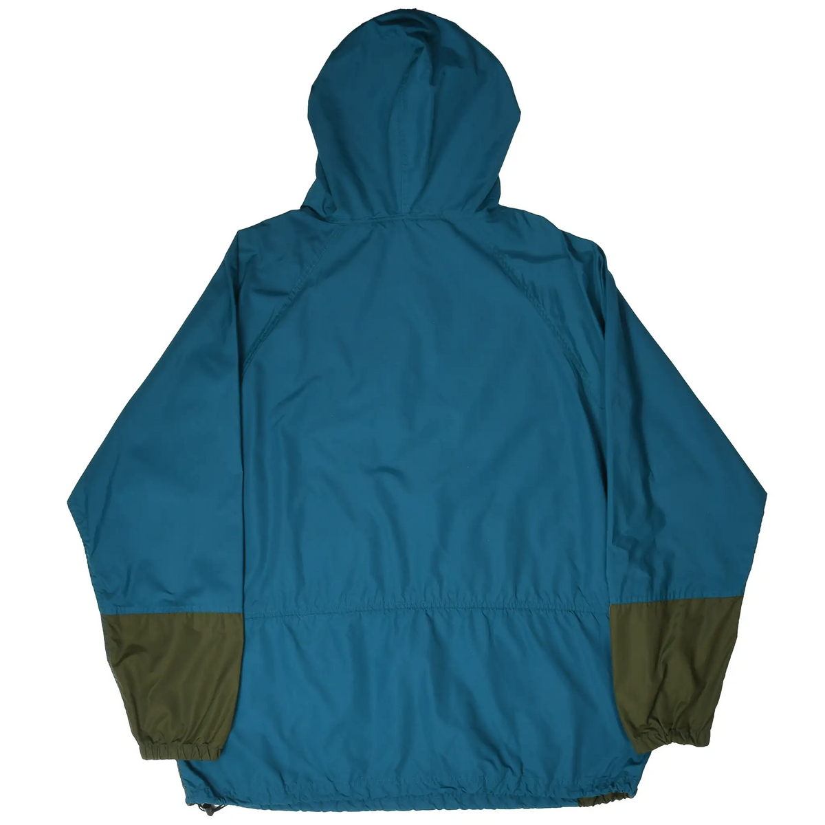 Back of teal L.L.Bean hooded anorak with olive lower sleeves and elastic cuffs